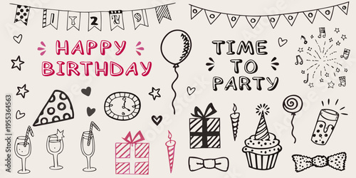 Festive birthday illustration with balloons cake and party decorations