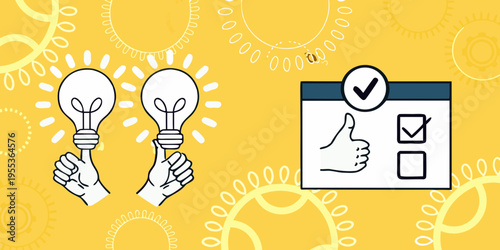Hands holding lightbulbs with a checkmark and thumbs up illustration