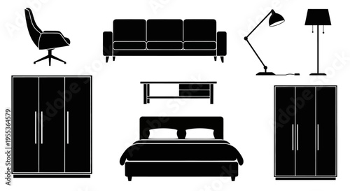 Modern furniture set including sofa bed wardrobe desk chair and lamps on white background for interior design and home decor inspiration