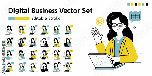Collection of digital business vector illustrations featuring a woman with a laptop
