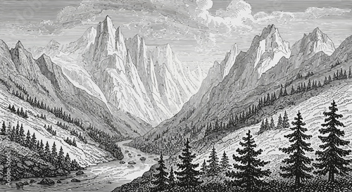 Black and White Engraving Style Mountain Valley Landscape