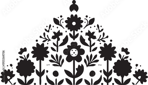 Folk art floral composition with black silhouettes of flowers and plants in symmetrical garden arrangement