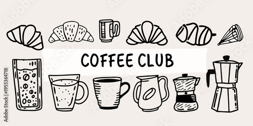 Hand drawn illustration of coffee croissants and related breakfast items