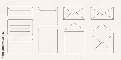 Collection of minimalist line art style envelopes in varying shapes and positions