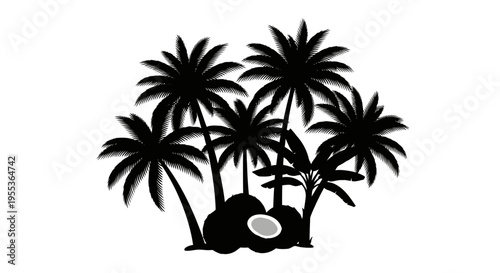 Tropical palm trees silhouette with coconut on rock formation isolated on white background