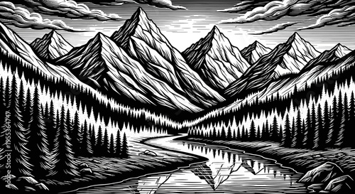 Black and White Mountain Landscape with River and Pine Forest