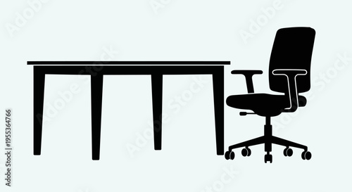 Office workspace setup with desk and ergonomic chair on white background for business or productivity concept