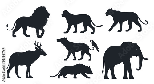 Black silhouettes of various wild animals on white background including lion elephant deer and tiger profiles