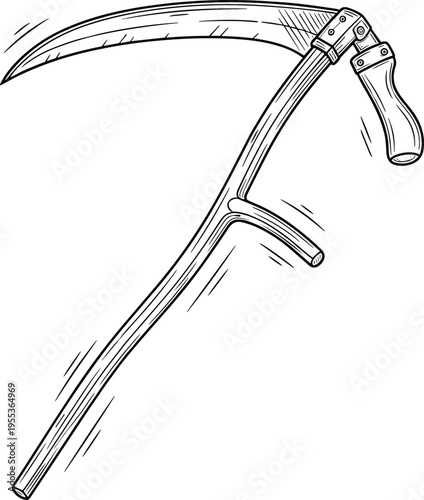 Hand drawn scythe with curved blade vintage farming tool engraving vector illustration