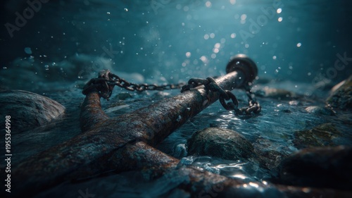 Wallpaper Mural Underwater Anchor Resting on Rocky Seabed with Ambient Light and Bubbles Emphasizing Submerged Scene Torontodigital.ca