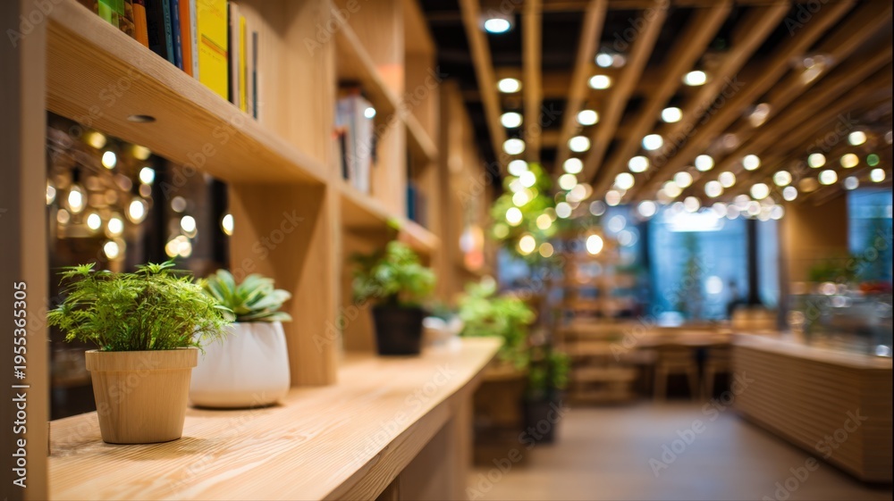 Fototapeta premium Cozy modern cafe interior with wooden shelves, potted plants, and blurred background ambiance