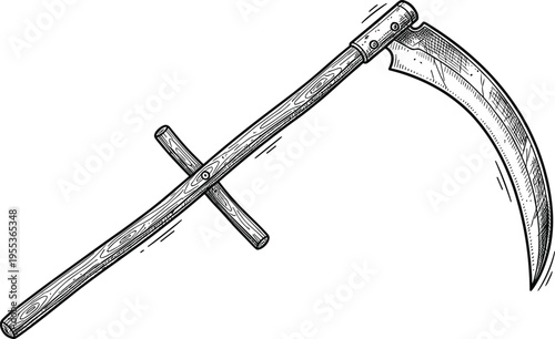 Vintage scythe illustration with wooden handle and curved harvest blade engraving style vector