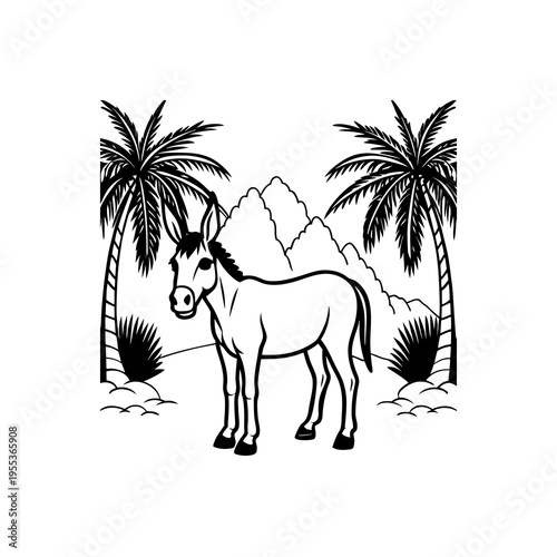 Black and white illustration of a donkey standing in a desert landscape with palm trees and mountains in the background.