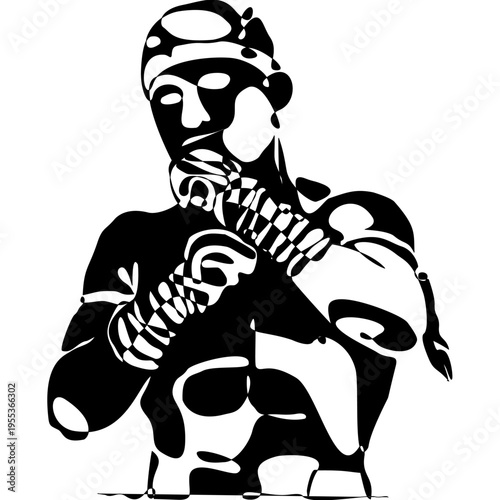 Minimal black silhouette of Muay Thai fighter performing a high kick. Dynamic vector design representing strength and motion, ideal for prints, textiles, posters, and sports backgrounds.