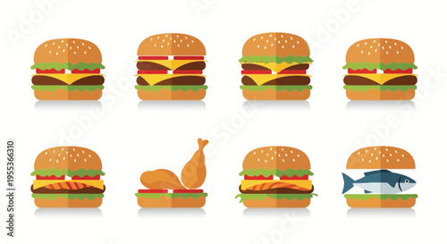 Set of Flat Vector Burger Icons with Various Fillings