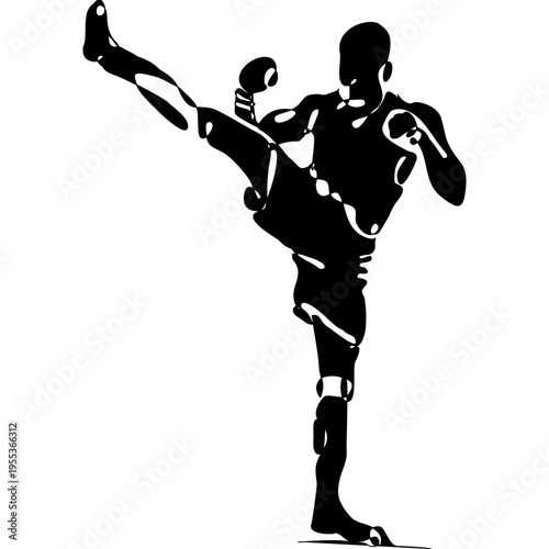Minimal black silhouette of Muay Thai fighter performing a high kick. Dynamic vector design representing strength and motion, ideal for prints, textiles, posters, and sports backgrounds.