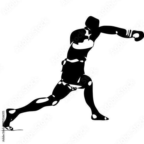 Minimal black silhouette of Muay Thai fighter performing a high kick. Dynamic vector design representing strength and motion, ideal for prints, textiles, posters, and sports backgrounds.