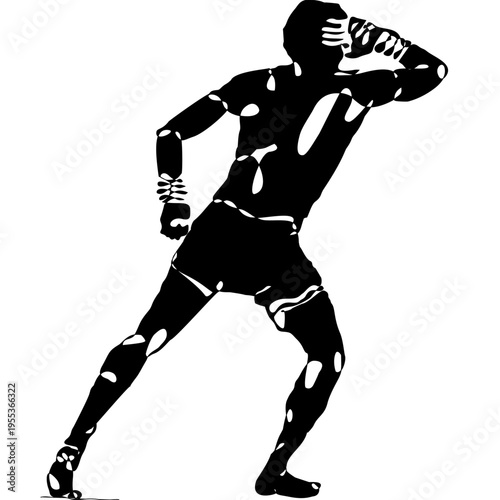 Minimal black silhouette of Muay Thai fighter performing a high kick. Dynamic vector design representing strength and motion, ideal for prints, textiles, posters, and sports backgrounds.