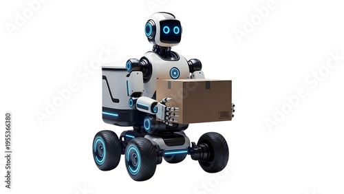 A futuristic robot holding a cardboard box on transparent background