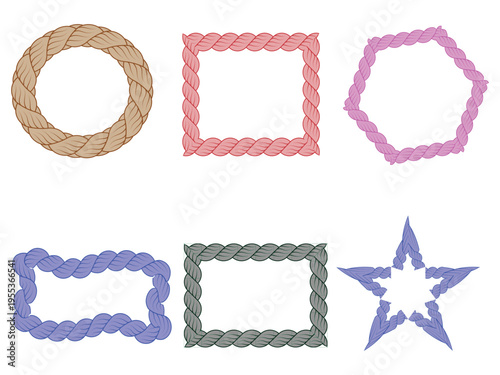 Colorful rope borders collection, braided twisted frames in geometric shapes vector set.