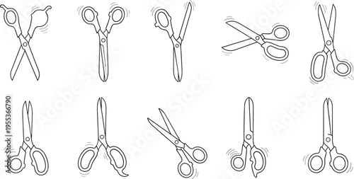 Hair cutting scissors motion icons set with barber tools dynamic line art vector illustration