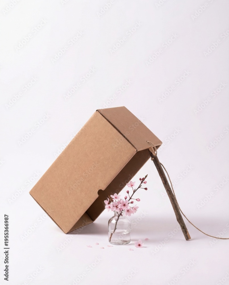 Fototapeta premium Cardboard box trap for cherry blossoms propped on stick with pink sakura bait branch on white background for spring floral marketing and copy space