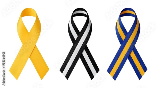Three colorful awareness ribbons on transparent background for support and advocacy