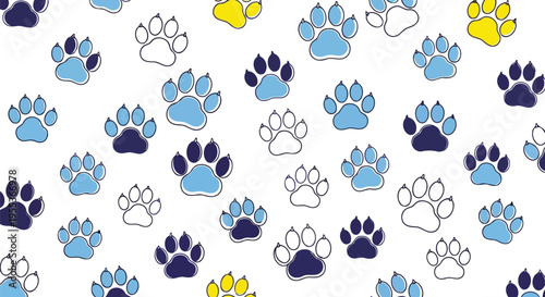 Colorful blue and yellow animal footprints seamless design 