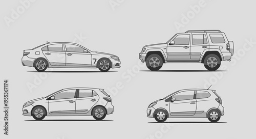 Set of Four Different Car Body Styles Side View Illustration