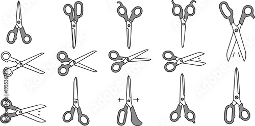 Hairdressing scissors collection with barber cutting tools line art vector illustration