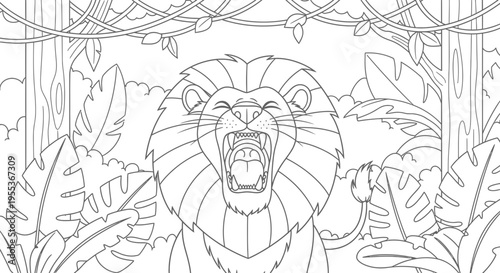 Roaring Lion in Jungle Coloring Page for Kids