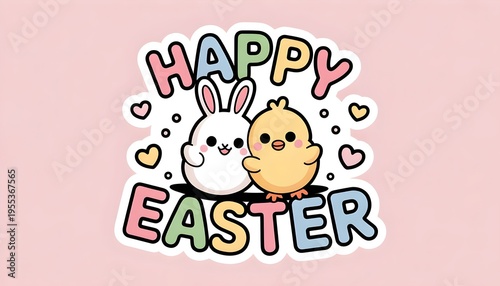 Cute Kawaii Easter Bunnies and Baby Chick with Happy Easter Pastel Colorful Typography Spring Holiday Sticker Design