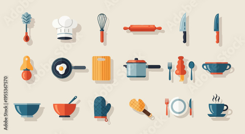 Set of Flat Kitchen Utensils and Cooking Tools Icons