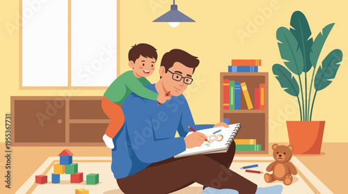 A joyful father plays with his son, drawing together in a cozy room filled with books and toys, embodying the joys of creativity, bonding, and family togetherness.