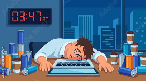 An exhausted employee dozes off at his desk during the early hours, visualizing the challenges of burnout and work-life balance in a fast-paced corporate environment.