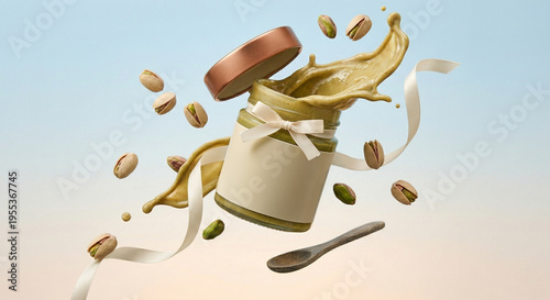 Floating Concept Shot
A jar of pistachio butter suspended mid-air with floating pistachios and splashes of creamy butter, dynamic composition, clean pastel background