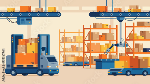 A depiction of automated logistics with conveyor systems and delivery vehicles, illustrating the future of efficient supply chain management and modern transportation solutions.