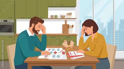 A couple sits at a table with financial documents, visibly worried, reflecting the challenges of financial planning and the emotional strain that financial decisions can cause.