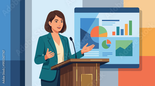 A professional woman presents insightful data at a podium, showcasing her expertise with confidence in a corporate setting, highlighting leadership and communication skills.