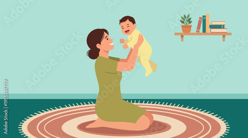 In this heartwarming scene, a mother lovingly lifts her laughing baby in the air, capturing the essence of nurturing love and joyful moments in early childhood development.