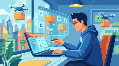 A young person engages in online shopping, surrounded by futuristic drone deliveries, showcasing the evolution of e-commerce and the convenience of modern technology.