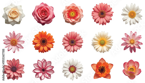 Assortment of fifteen vibrant, colorful flower heads are isolated against a stark white background for study.