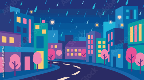 A colorful urban landscape depicted in the rain holds a dreamy atmosphere, reflecting the beauty and vibrancy of city life, even amidst a rainy evening setting.