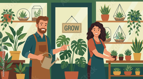 A vibrant plant shop scene showcasing two employees engaging with customers amidst lush greenery, emphasizing a welcoming atmosphere and love for plants.