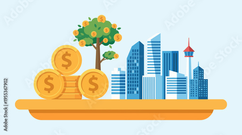 This illustration depicts urban development alongside coins and a tree, representing financial growth and sustainability in a modern city environment.