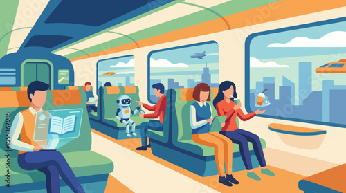 An illustration showcasing a futuristic train interior populated by diverse passengers, featuring a robot and high-tech devices, embodying modern transportation and urban life.