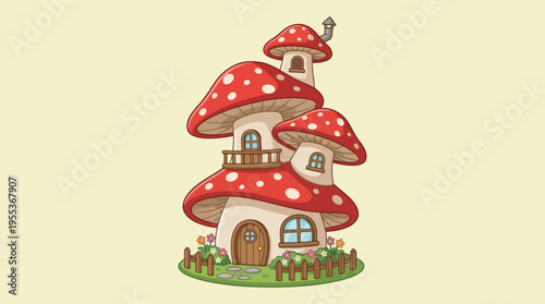 A whimsical mushroom-shaped house with bright red tops, featuring a cozy entrance, flower garden, and playful elements, perfect for illustrating fantasy or fairytale settings.