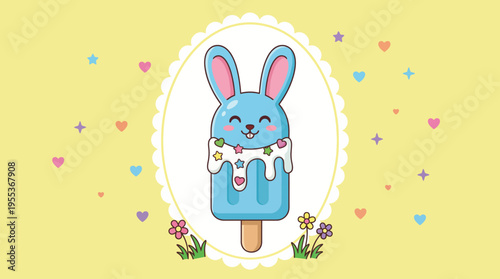A delightful ice cream treat shaped like a happy bunny, adorned with colorful sprinkles and stars, perfect for capturing children's joy and the essence of fun summertime treats.
