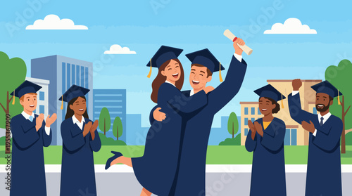 A vibrant graduation scene capturing joyful students celebrating their success, symbolizing achievement and progression in education, surrounded by cheering friends and family.