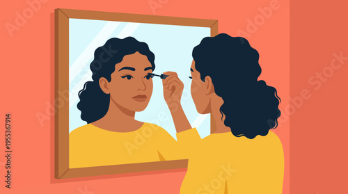 A stylish woman carefully applying eyeliner in front of a mirror, showcasing self-care and beauty empowerment, reflecting modern personal grooming habits in a chic environment.